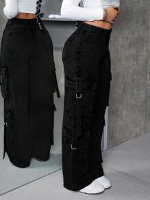 SHEIN ICON Quần Jeans Ống Thẳng Túi Đơn Giản Màu Trơn Đã Giặt - màu đen - Xem 5