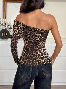 SHEIN EZwear Women's Leopard Print One Shoulder Long Sleeve Casual T-Shirt, Daily Wear - Brown - View 2
