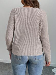 SHEIN LUNE 大码休闲扭结下摆粗针织街头风套头毛衣，适合冬季和秋季穿着 - 杏色 - 查看 2