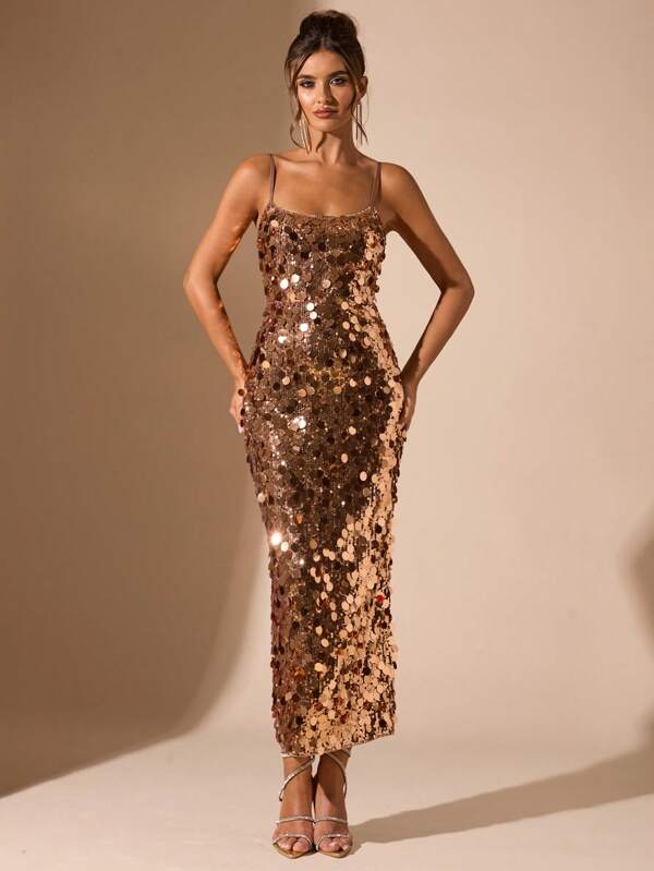 SHEIN BAE Damen sexy rückenfreies Paillettenkleid mit Spaghettiträgern für Cocktailparty, elegantes Abendkleid geeignet für Nachtclub, Party, Feiertage, Weihnachten