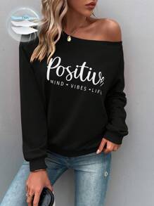 EMERY ROSE Letter Graphic Drop Shoulder Sweatshirt,Long Sleeve Tops Graduation,Back To School Outfits,Graduation,Teacher Outfits For Women,Back To School Pullover Fall Outfit - Black - View 1