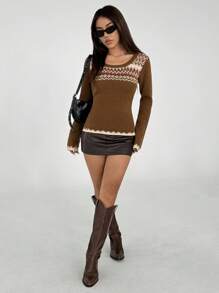 Flirla 复古欧美风女式毛衣，圆领长袖，简约时尚休闲日常针织套头衫，秋冬款 - 彩色 - 查看 3