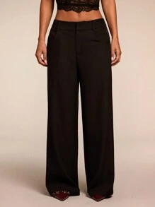 SHEIN BAE Quần ống rộng đơn giản, cạp thấp, dáng rộng, quần mùa đông cho nữ, trang phục mùa thu cho nữ, quần, quần âu cho nữ, đồ đi làm, phong cách cổ điển, quần ống rộng vải chéo thu đông, quần mùa đông cho nữ, quần cạp thấp, quần len, quần trang trọng, quần ống rộng, quần thường ngày - màu đen - Xem 4