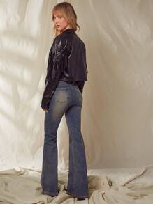 WESTFADE Tinted Triple Button Yoke High Rise Stretch Flare Jeans - Dark Wash - View 3