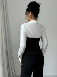 Selianne 1 件女式黑白长袖纽扣休闲商务性感衬衫，秋季 - 黑與白 - 查看 2