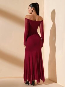 SHEIN BAE Women's Off-Shoulder Long Sleeve Dress, Elegant And Sexy Party & Evening Gown For Christmas, New Year, Romantic Date, Wedding, Wine Red - Burgundy - View 2