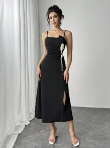 Firerie Women's Spaghetti Strap Floral Decor Split Hem Casual Black Elegant Dress
