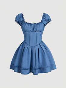 SHEIN MOD Women's Pleated Simple Short Sleeve Short Denim Dress, Casual For Daily Wear - Blue - View 1