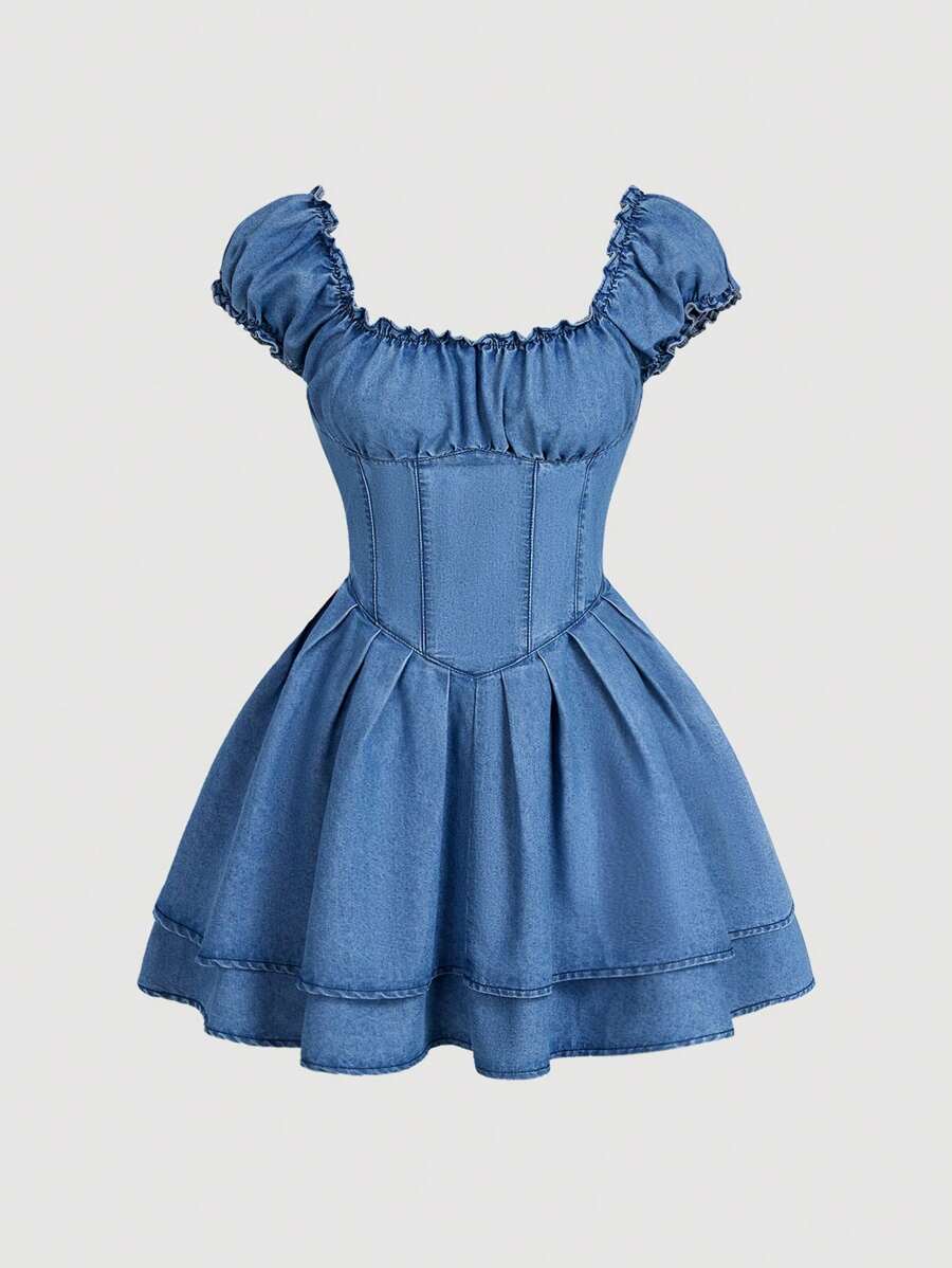 SHEIN MOD Women's Pleated Simple Short Sleeve Short Denim Dress, Casual For Daily Wear - Blue - View 1