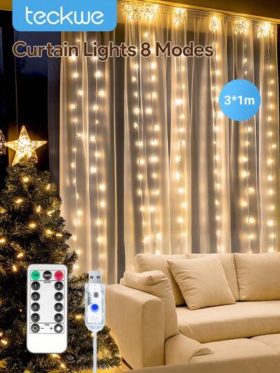 Teckwe LED Curtain Lights, 3*1m LED Curtain String Lights, 8 Lighting Modes With Remote Control Fairy Lights, USB Powered Waterproof, Suitable For Christmas, Wedding, Party, Home, Garden, Bedroom, Wall Decor