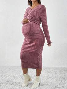 SHEIN Maternity Plain Ribbed Cross-Wrap Long Sleeve Casual Knit Dress - Red Violet - View 5