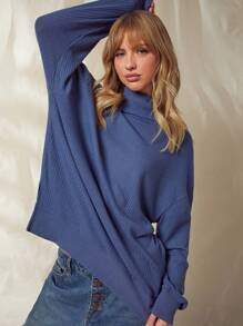 WESTFADE Thermal Rib Knit Turtleneck Long Sleeve Split Hem Long Sleeve Tunic Top - Royal Blue - View 1