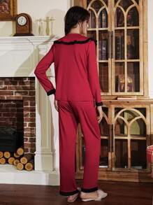 French Elegant Color Block Ruffle Trim Women's Pajama Set - Burgundy - View 2