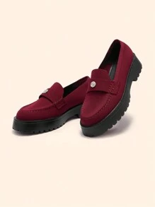 CUCCOO BASICS 女士简约厚底一脚蹬休闲乐福鞋，日常穿着 - 酒紅色 - 查看 5