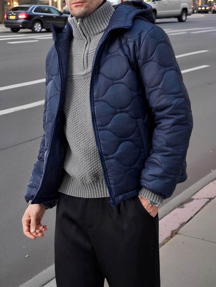 Manfinity VCAY 男士编织修身立领加厚前开襟棉服外套，外出绗缝皇家蓝色冬季外套，适合朋友、丈夫、男朋友的礼物 - 藏蓝色 - 查看 1