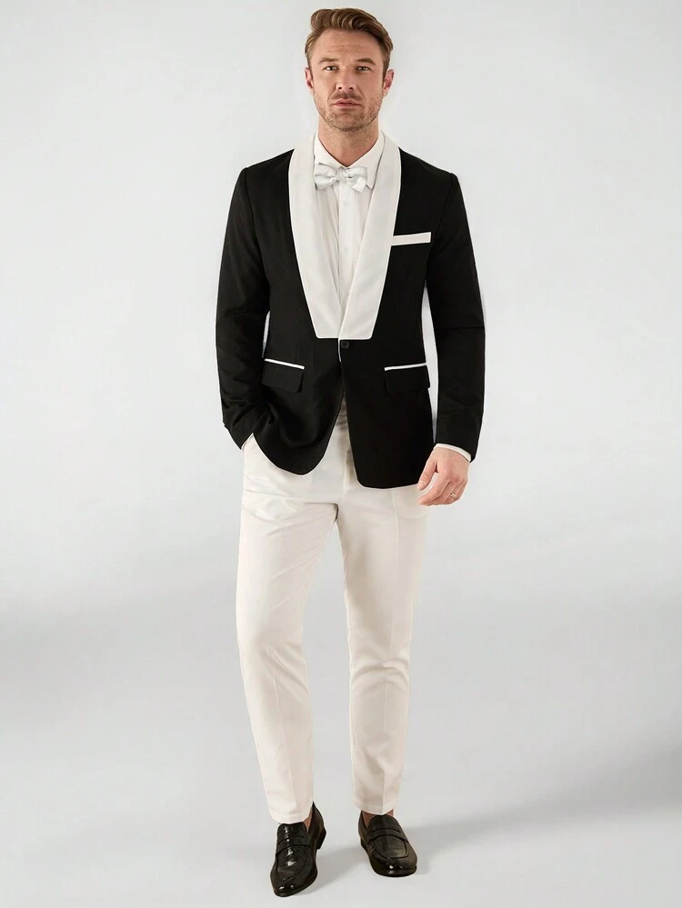 Woven Men's Slim Fit Shawl Collar Color Block Suit Jacket And Pants Set, Long Sleeve