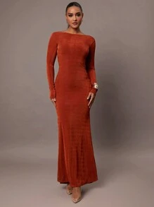 Silquee Women's Autumn And Winter Long Sleeve Simple Daily Date Elegant Party Solid Color High Quality Chestnut Brown Glitter Stretch Knit Women's Midi Dress Sexy Backless, Long Dress Suitable For Cocktail Party, Romantic Date Party, Formal Party, Wedding, Bridesmaid Dress, Evening Dress, Halloween Dress , Christmas Holiday Dress, Super Photogenic
