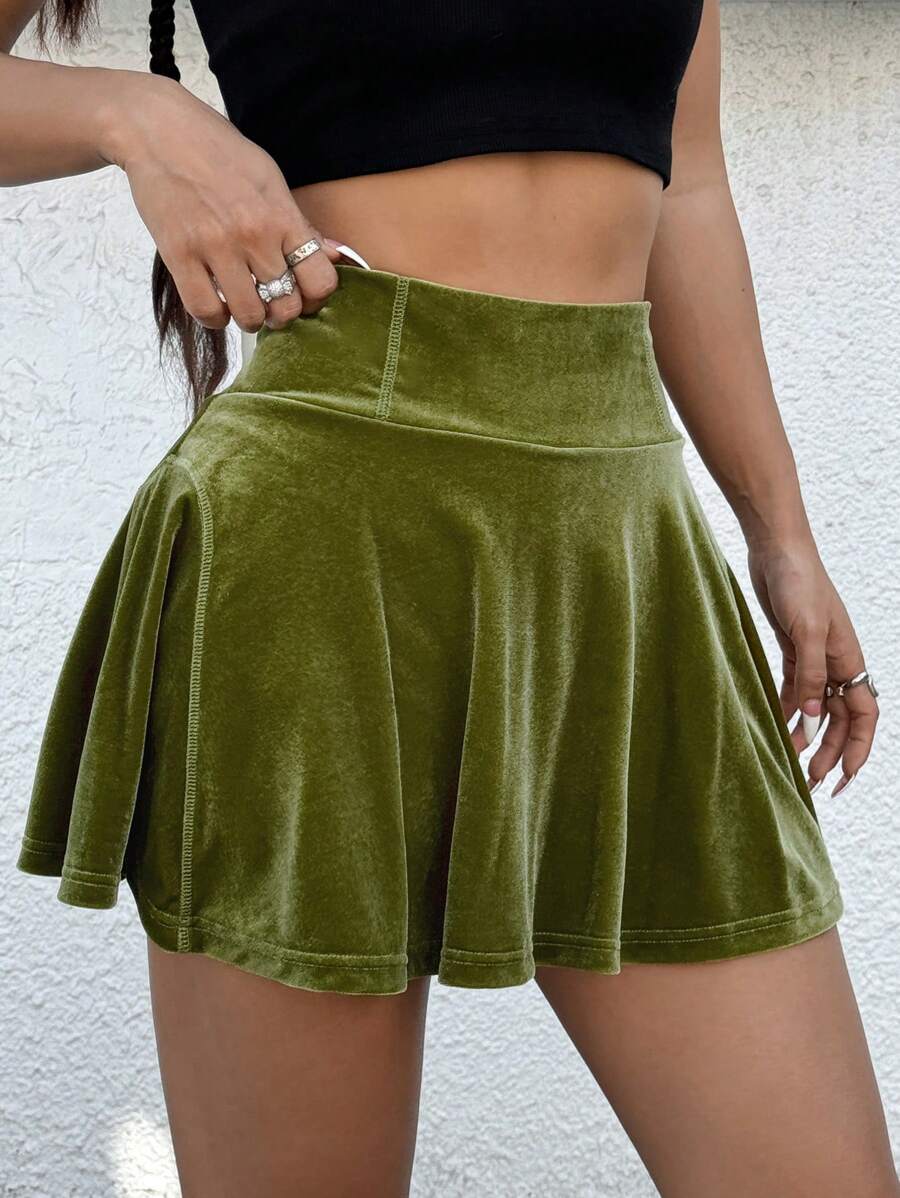 Muchica 女式天鹅绒 A 字裙，内配短裤 - 橄欖綠 - 查看 1