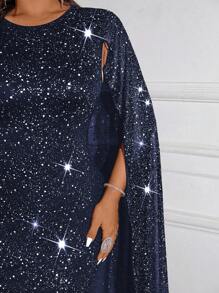 EMERY ROSE Elegant Round Neck Cape Fitted Cocktail Dress, Prom