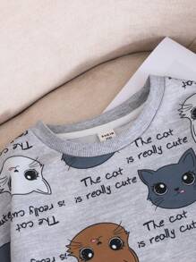 SHEIN Áo nỉ dài tay cổ tròn in hình mèo, dáng rộng thoải mái cho bé gái tuổi teen, thiết kế đơn giản và dễ chịu. - Màu Xám nhạt - Xem 3