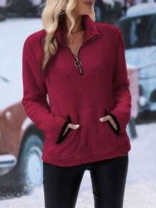 SHEIN LUNE Áo khoác nỉ nữ có túi khóa kéo, áo khoác mùa đông, áo mùa đông nữ, áo giữ nhiệt tốt nghiệp, áo đi học, áo tốt nghiệp, áo dành cho giáo viên nữ, áo mùa thu đi học - Màu Đỏ Sâu - Xem 4