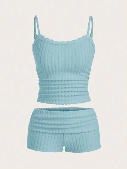 SHEIN EZwear 2 件女式纯色吊带背心和短裤套装，简约休闲两件套