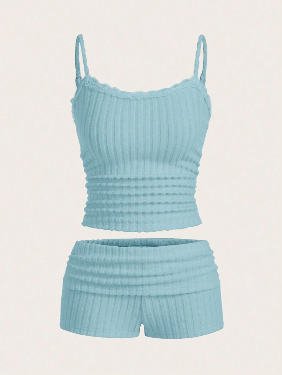 SHEIN EZwear 2 件女式纯色吊带背心和短裤套装，简约休闲两件套 - 藍色 - 查看 1