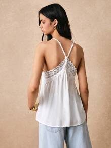 Poéselle Ladies' Holiday Casual Solid Color Lace Splice Halter Top Summer Fresh Ruffle Hem Halter Top, Suitable For Summer Vacation, French Style, The Fabric Is Comfortable And Skin-Friendly White Top