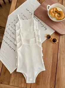 SHEIN LMoss Kids LMoss 5pcs/Set Baby Girl Cute Minimalist Solid Color Knit Camisole Bodysuit, Suitable For Summer