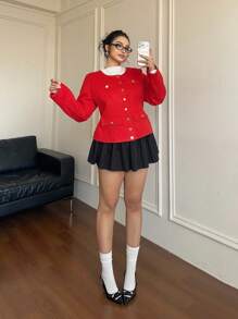 Flirla Áo khoác vừa vặn cỡ lớn tối giản, cho mùa đông - Đỏ - Xem 5
