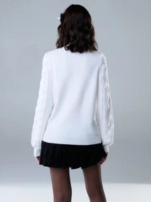 SHEIN Unity 冬季休闲镂空针织高领长袖套头衫 冬季针织套头衫 秋季毛衣 - 白色 - 查看 2