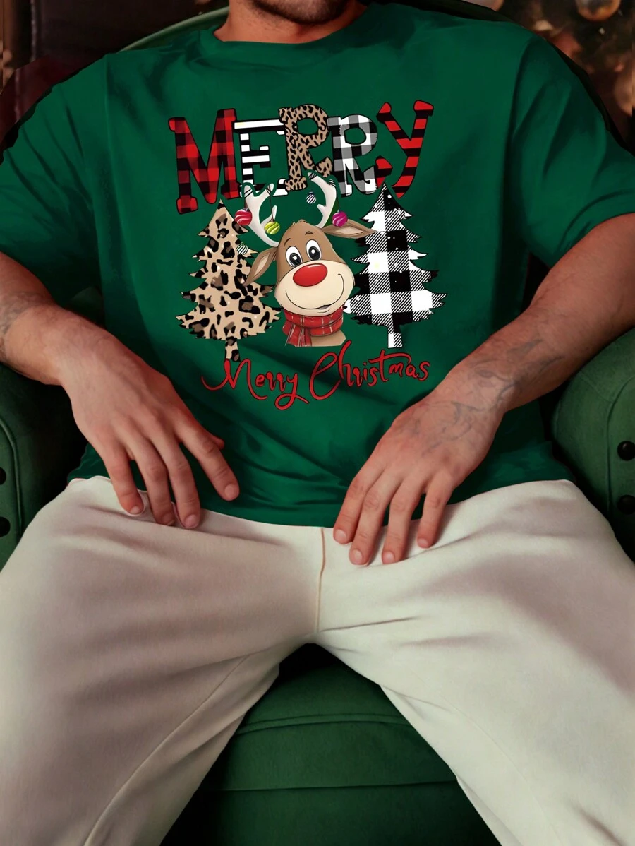 Manfinity Hypemode 大码男士圆领短袖字母印花休闲 T 恤 - 墨綠色 - 查看 1