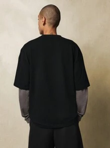 SUMWON Regular Fit Contrast Double Layer Sleeve Tee With Small Embroidery - Black - View 2