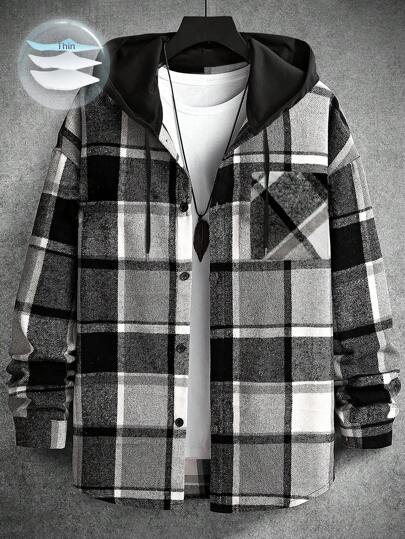 Manfinity Homme 男士长袖格子印花抽绳连帽衬衫式外套（不含T恤），秋季款