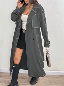 Muchica Black Double Breasted Belted Trench Coat - Grey - View 3