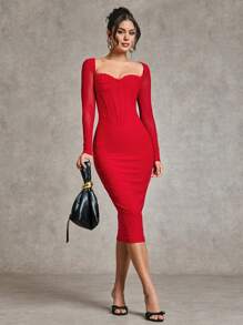 SHEIN BAE Women's Elegant And Sexy Red Lace Trim Fitted Bodice Long Sleeve Net Mesh Halloween Dress, Autumn/Winter