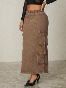 SHEIN SXY Casual Mid-Length Women Denim Skirt - Coffee Brown - View 6