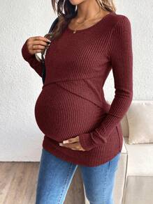 SHEIN 孕妇纯色圆领长袖罗纹哺乳上衣，休闲 - 酒紅色 - 查看 7