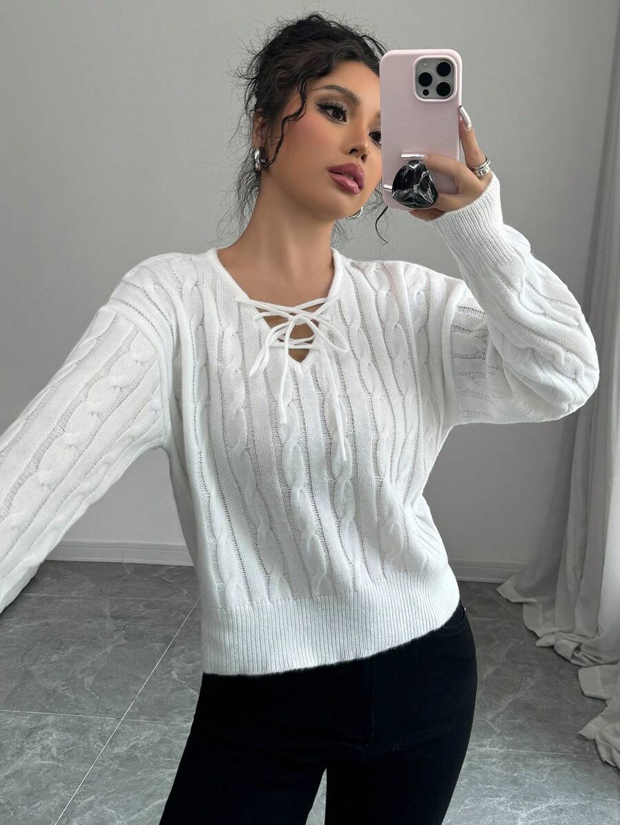 SHEIN Unity Women's Solid Color Dropped Shoulder Long Sleeve Lace-Up Cable Knit Pullover Sweater, Autumn/Winter Knit Pullover Fall - White - View 1