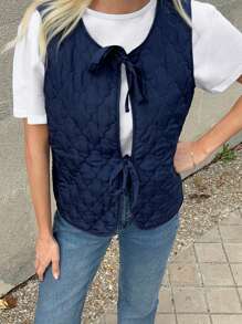 Forever 21 Women's Casual Solid Color Textured Lace-Up Padded Vest Coat, Autumn & Winter - Blue - View 2