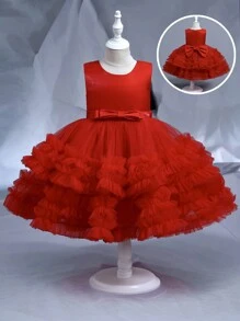 Baby Girl Sleeveless Thickened Satin Patchwork Multi-Layer Tulle Ruffle Tutu Skirt With Bow Decor On Front Waist & Ribbon Tie On Back - Red - View 3