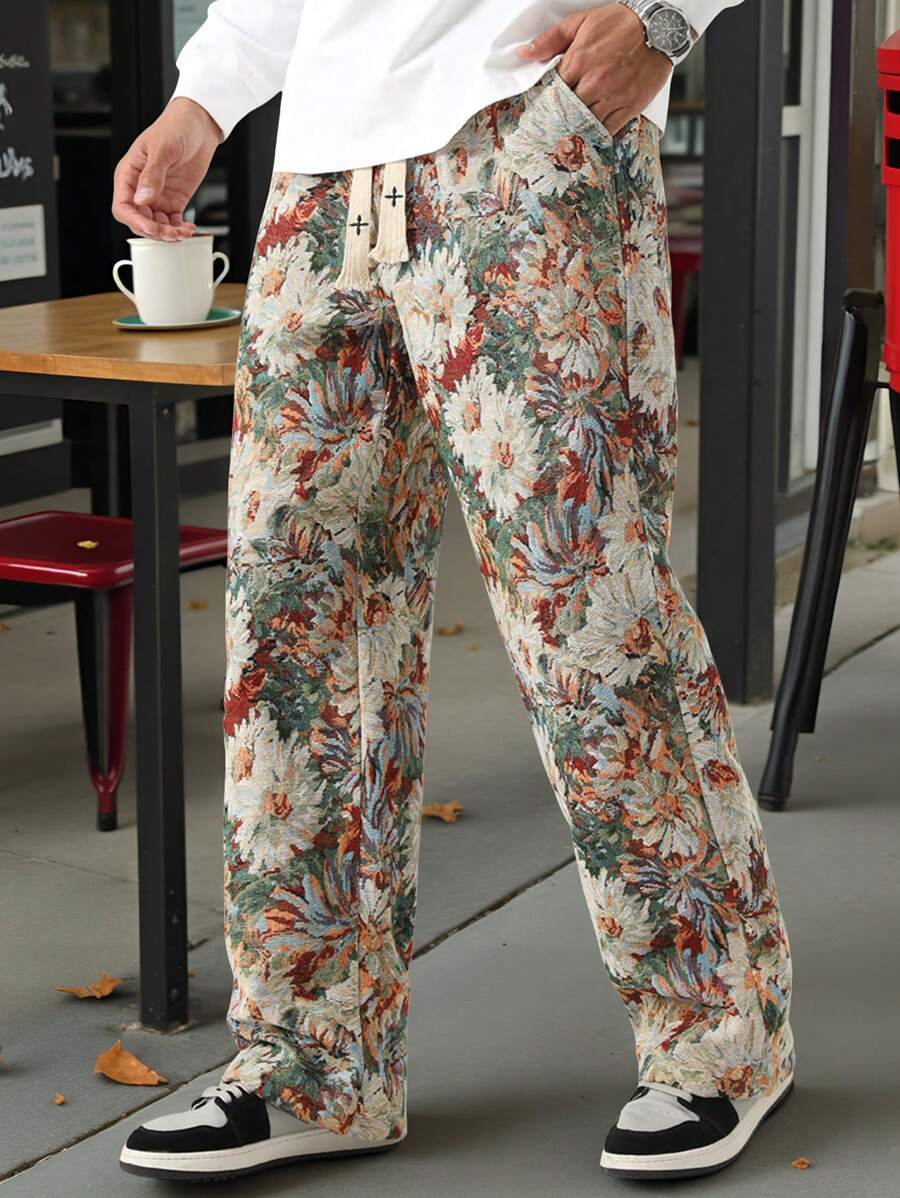 Manfinity Homme 男士休闲花卉提花抽绳腰裤，秋季 - 彩色 - 查看 1
