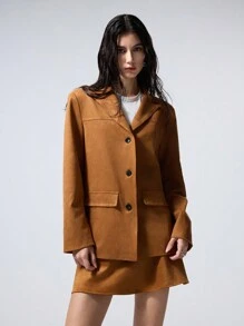 LYSMO Single-Breasted Faux Suede Loose Fit Blazer - Brown - View 4