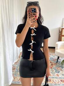 Calvaya Slim Fit Crew Neck Short Sleeve Knit Warm Sweater Top With Front Cutout Bow Decor, Ladies Black