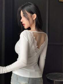 DAZY 女士性感蕾丝露背修身T恤、露背上衣