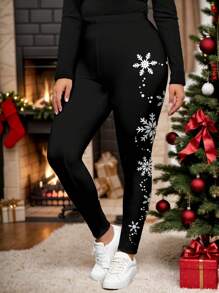 SHEIN LUNE 圣诞元素印花修身大码打底裤，休闲简约，适合秋冬季 - 黑色 - 查看 3