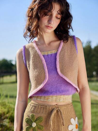 Skyraze 女士纯色拼布无袖开衫简约休闲上衣，日常穿着