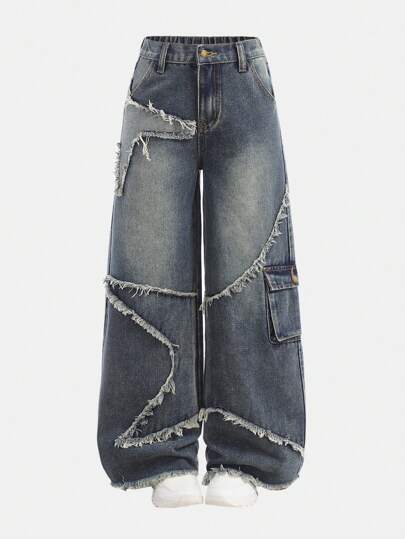 SHEIN Girlism Tween Girls Y2K Fashionable Clothes Fairycore Frayed Edge Decor Washed Baggy Denim Wide Leg Jeans Pants, School,Streetwear