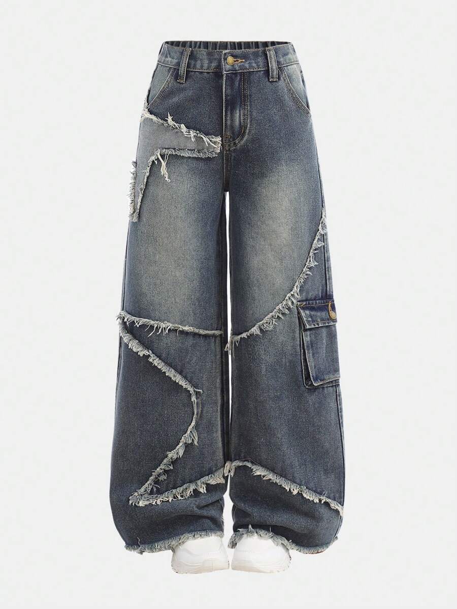 SHEIN Girlism 青少年女孩 Y2K 时尚服装 Fairycore 磨边装饰水洗宽松牛仔裤阔腿裤，校园风，街头风 - 中等水洗藍 - 查看 1