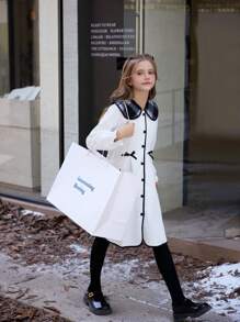 SHEIN Tween Girl White Long Sleeve Bow Cute & Comfortable Autumn/Winter Dress, Suitable For Party And Casual Wear, Sibling/Matching Outfits (2 Pieces Sold Separately) - White - View 6